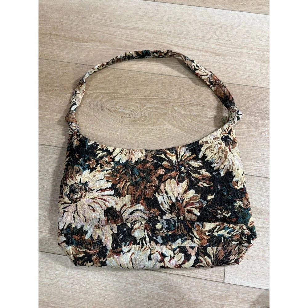 Vintage Floral Tapestry Shoulder Bag Purse Black Brown Hobo 90s Y2K Aesthetic